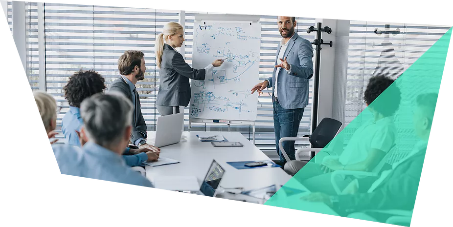 Presenting to a team in a meeting room